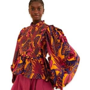 NWT FARM Rio‎ Fruit Dream Smocked Cotton Peplum Blouse in Multi Yellow large new